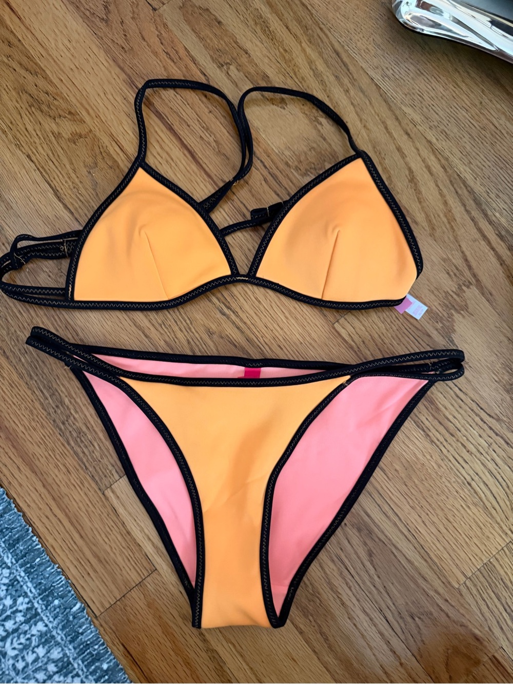 Victoria's Secret Orange and Pink Triangle Bikini with Black Trim